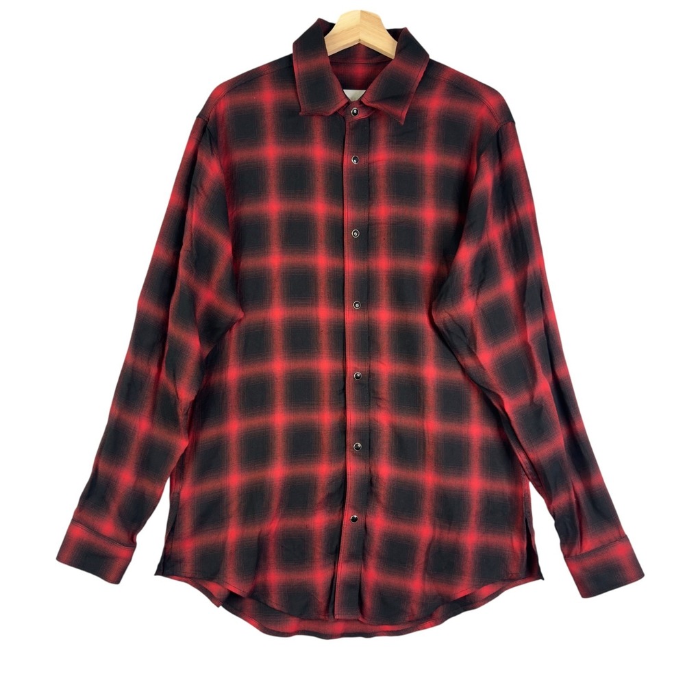 ORO Shirt Men's‎ Size M Red plaid long sleeve flannel 100% Rayon Snap Down